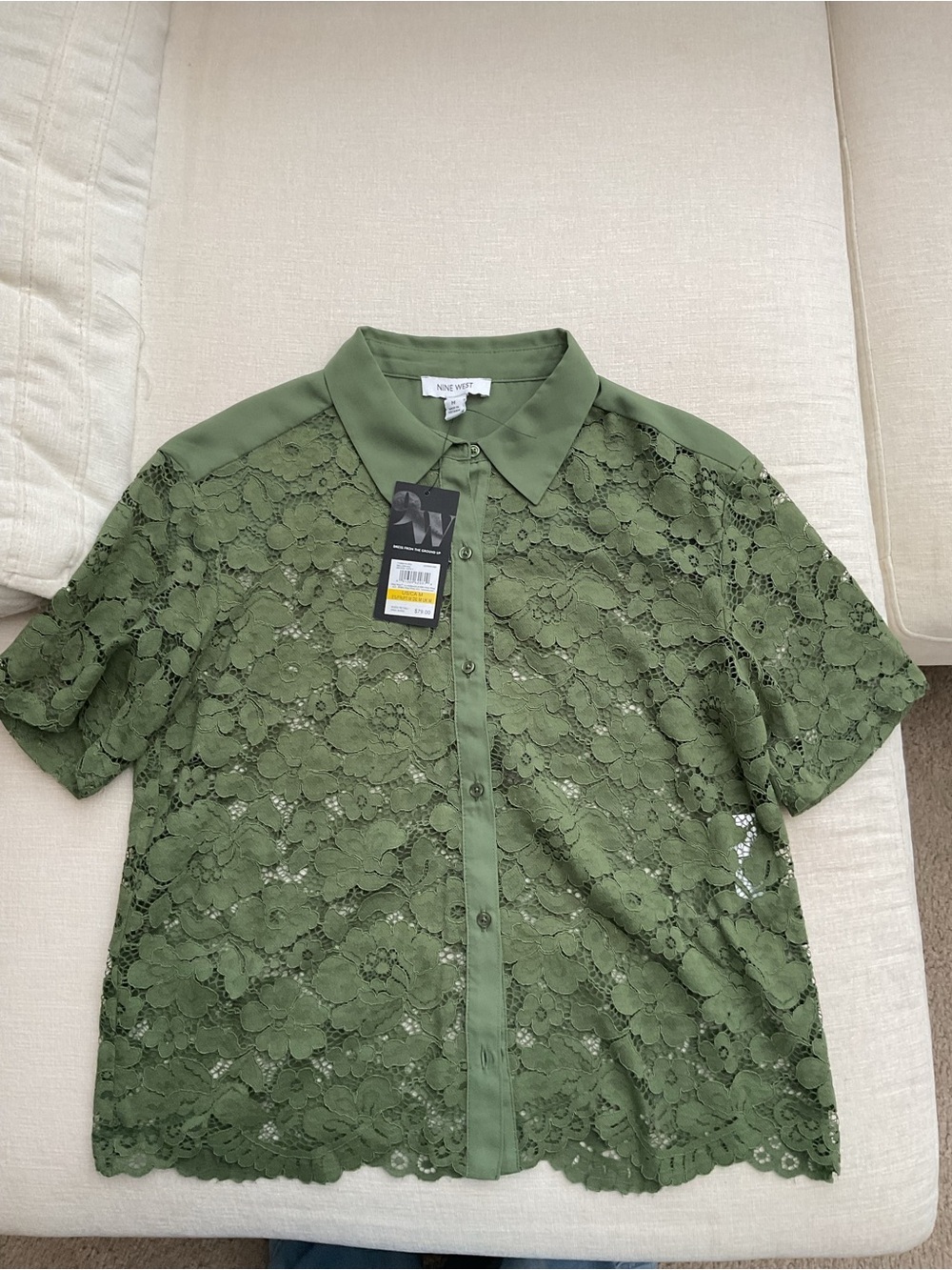 Nine West Olive Lace Short-Sleeve Button-Down Shirt
